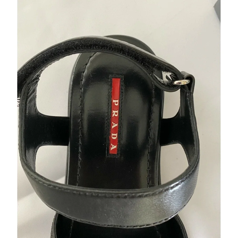 Prada 3X6289‎ Women's BLACK LEATHER STITCHED OPEN TOE FLATS SANDALS, 36.5